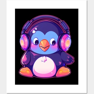 Cute Penguin with headphones Posters and Art